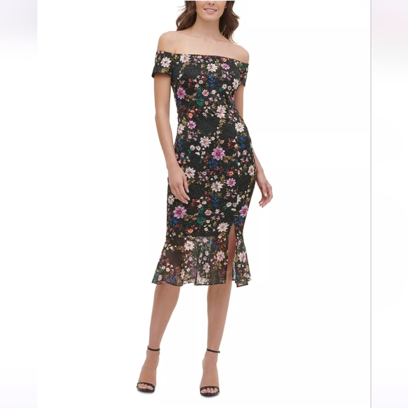 Guess Womens Lace Floral Print Midi Dress Black 12